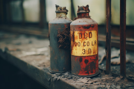 two old gas bottles sitting on the ground next to each otherの素材