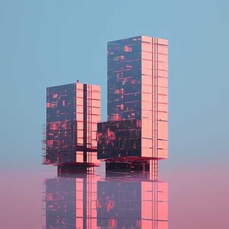 two tall buildings are reflected in a pink skyの素材
