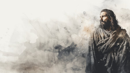 jesus standing in front of a watercolor backgroundの素材