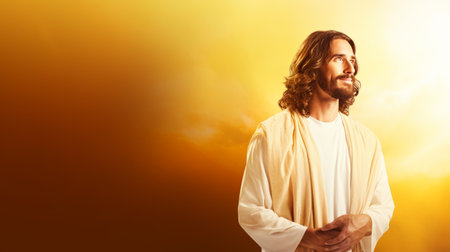 jesus standing in front of a yellow backgroundの素材
