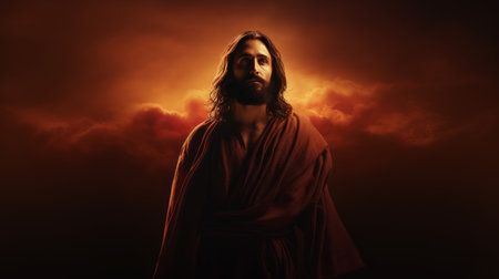 jesus standing in front of an orange sky with clouds in the backgroundの素材