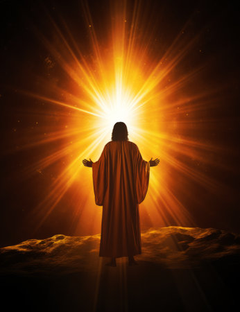 jesus standing in front of the sun with his arms outstretchedの素材
