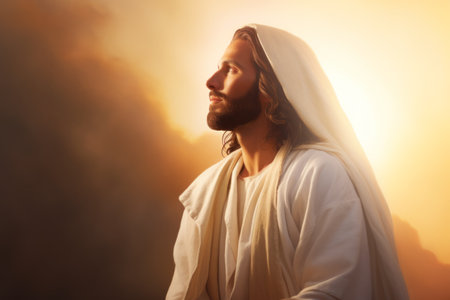 jesus standing in front of the sun with his eyes closedの素材