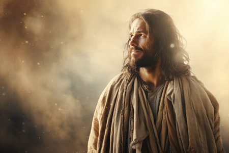jesus standing in front of the sun with smoke coming out of his eyesの素材