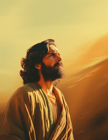 jesus standing in the desert looking up at the skyの素材