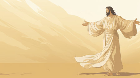 jesus standing in the desert with his arms outstretchedの素材