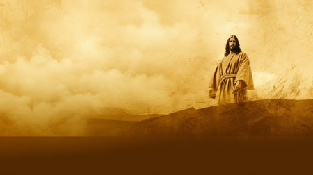 jesus standing on a hill with clouds in the backgroundの素材
