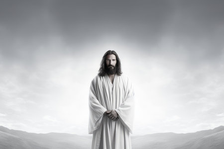jesus standing in the middle of a field with clouds in the backgroundの素材