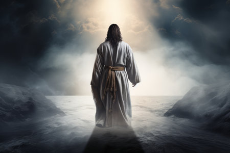 jesus standing in the middle of the ocean with clouds in the backgroundの素材