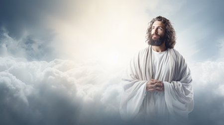 jesus standing in the sky with clouds in the backgroundの素材