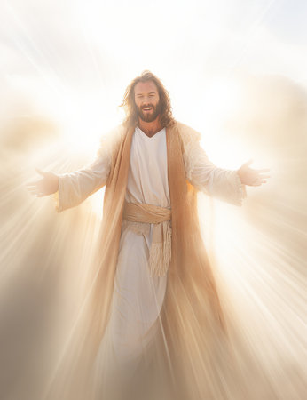 jesus standing in the sun with his arms outstretchedの素材