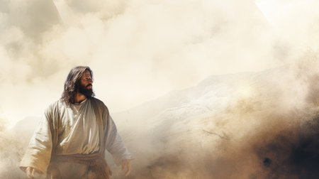 jesus walking in the desert with clouds in the backgroundの素材