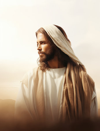 jesus standing in the middle of the desert with the sun in the backgroundの素材