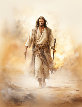 jesus walking in the desert with a sword in his handの素材