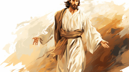jesus walking in the desert with his arms outstretchedの素材