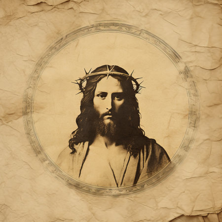 jesus with crown of thorns on a parchment backgroundの素材