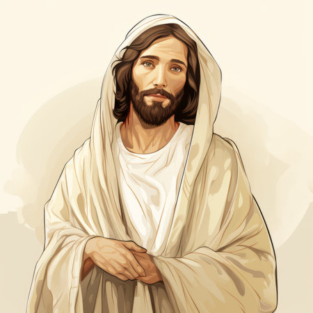 jesus with long hair and beard in a white robeの素材