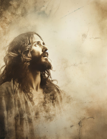 jesus with long hair and beard looking up in the airの素材