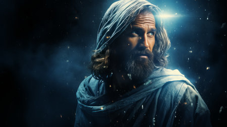 jesus with long hair and a blue robe in front of a dark backgroundの素材