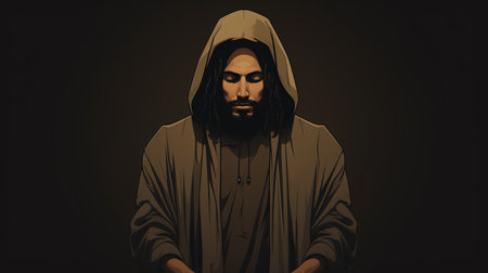 jesus with hooded robe on dark backgroundの素材