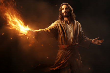 jesus with fire in his hands on a dark backgroundの素材