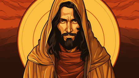 jesus with long hair and beard in an orange backgroundの素材