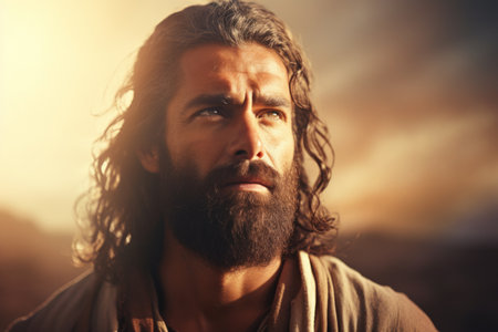 jesus with long hair and beard looking off to the sideの素材