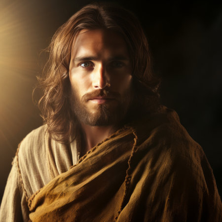 jesus with long hair and beard on a dark backgroundの素材