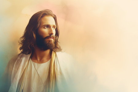 jesus with long hair and beard on a colorful backgroundの素材