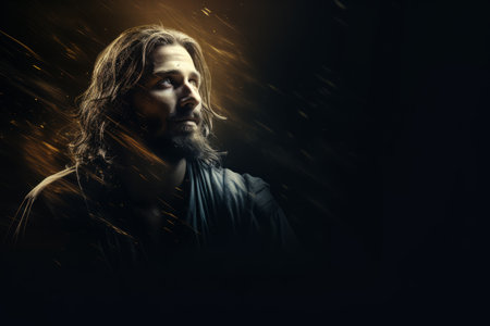 jesus with long hair and beard on a dark backgroundの素材