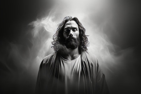 jesus with long hair and beard on a dark backgroundの素材