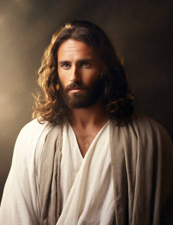 jesus with long hair and beard on a dark backgroundの素材