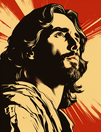 jesus with long hair and beard on a red backgroundの素材