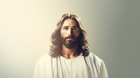 jesus with long hair and beard on a gray backgroundの素材
