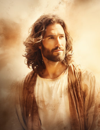 jesus with long hair and beard on a dusty backgroundの素材