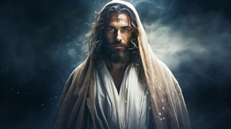 jesus with long hair and beard on dark backgroundの素材