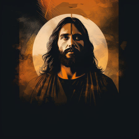 jesus with long hair and beard on an orange backgroundの素材