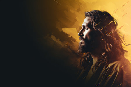 jesus with long hair and beard on a yellow backgroundの素材