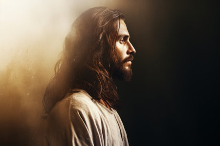 jesus with long hair standing in front of a dark backgroundの素材