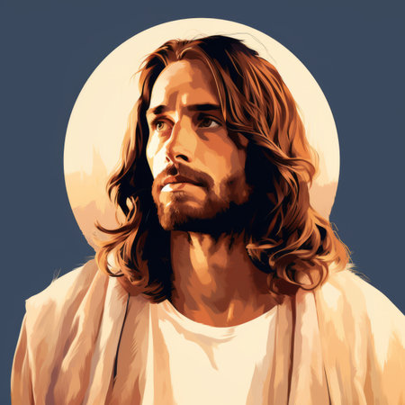 jesus with long hair in front of a full moonの素材