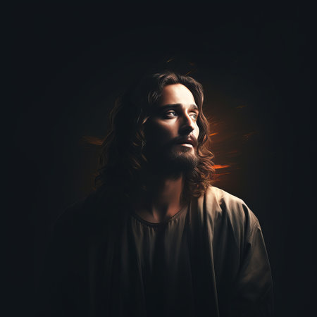 jesus with long hair and long beard on a dark backgroundの素材
