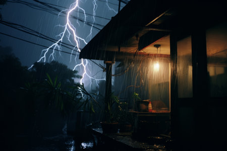 lightning strikes over a house in the rainの素材
