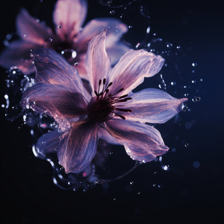 pink flower with water splash on black backgroundの素材