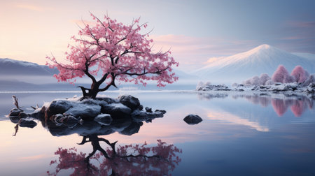pink tree in the lake with mountains in the backgroundの素材