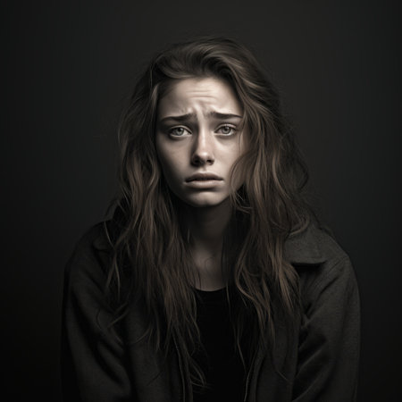portrait of a sad young woman on a black backgroundの素材