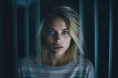 portrait of a young woman with blue eyes looking at the cameraの素材