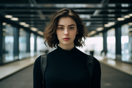 portrait of a young woman with a black top standing in an empty hallwayの素材