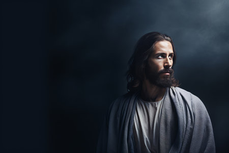 portrait of jesus christ in dark backgroundの素材