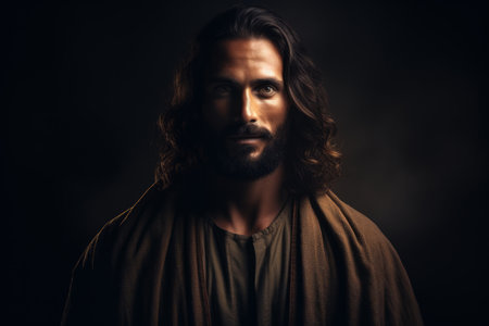 portrait of jesus with long hair and beard on dark backgroundの素材