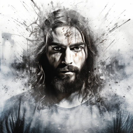 portrait of jesus christ in black and white with splashes of paintの素材